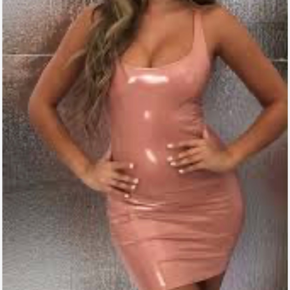 Oh Polly Bad Reputation Scoop Neck Vinyl Mini Dress in Tan